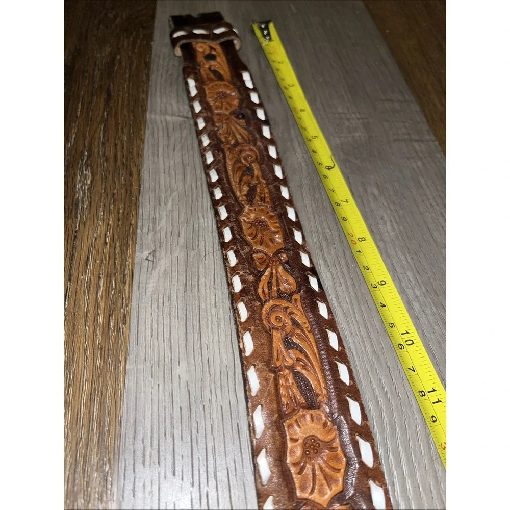 Vtg Tex-Made Tooled Leather Western Belt Size 38 Eagle Laced Snap On No Buckle